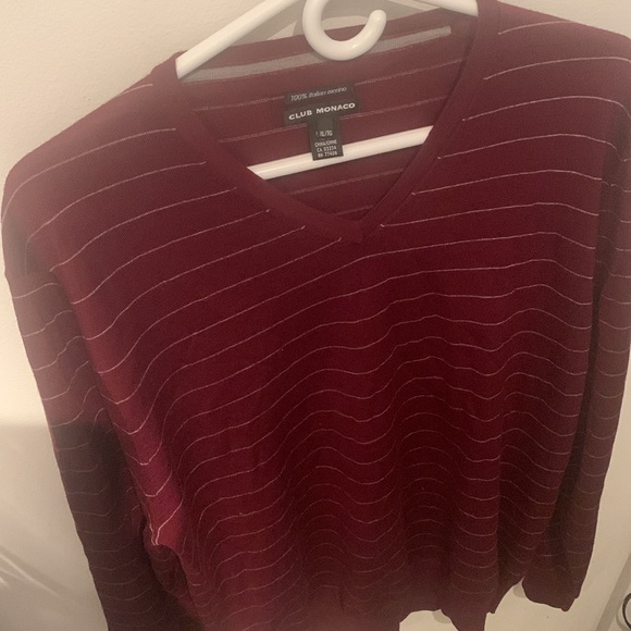 Excellent Club Monaco Pure Italian Merino Wool Burgundy Sweater w white stripes - Picture 2 of 5